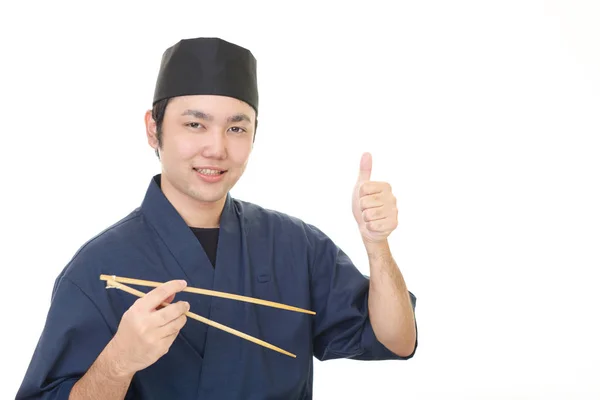 Sonriente Chef Japonés Aislado Sobre Fondo Blanco — Foto de Stock