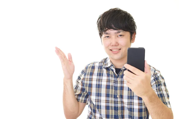 Asiate Hält Smartphone Der Hand — Stockfoto