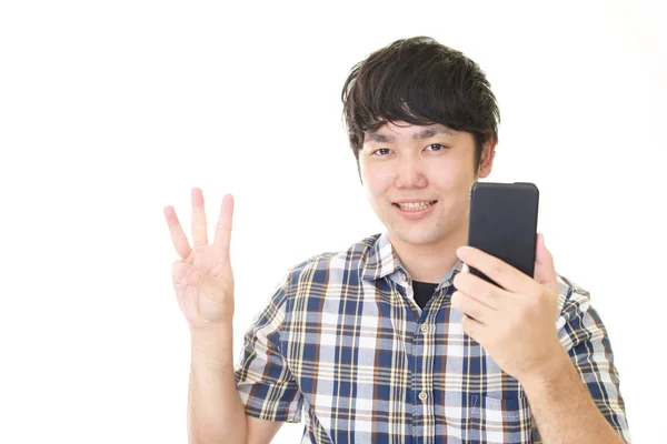 Asian Man Number Three Gesture — Stock Photo, Image