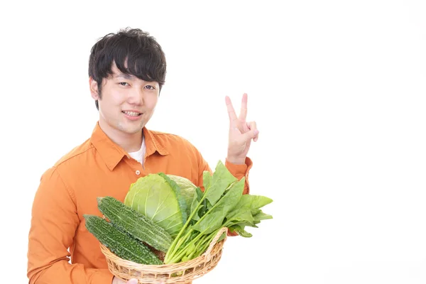 Smiling Asian Man Vegetables — Stock Photo, Image