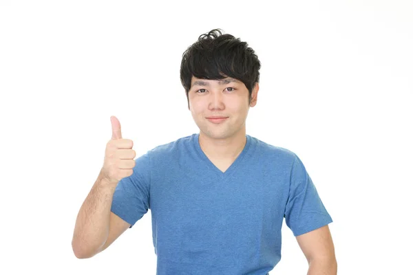 Asiatisk Man Visar Tummen Upp Tecken — Stockfoto