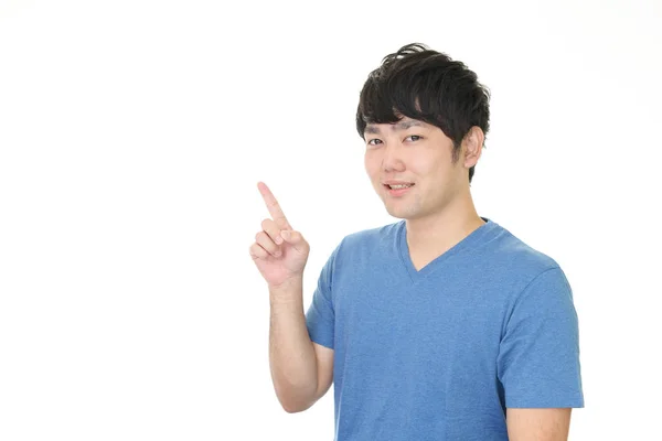 Asian Man Pointing Isolated White Background — Stock Photo, Image