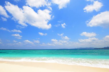 Okinawa 'da güzel bir plajın resmi.
