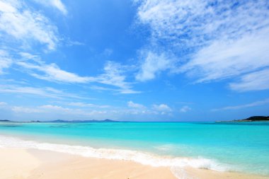 Okinawa 'da güzel bir plajın resmi.