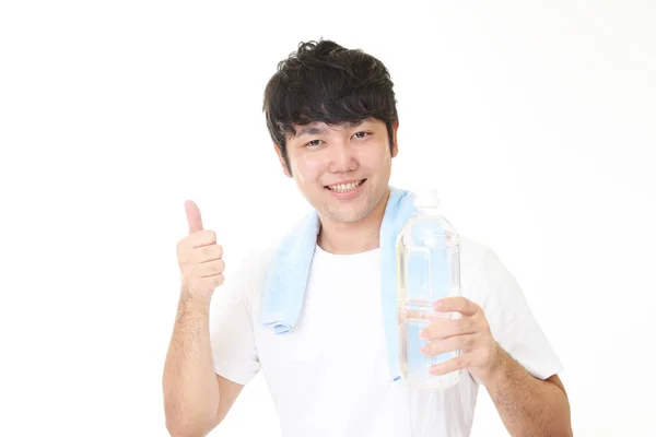 Portrait Man Holding Bottle Water — Stock Photo, Image