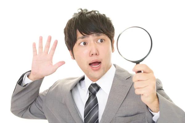 Surprised Asian Businessman Magnifying Glass — Stock Photo, Image