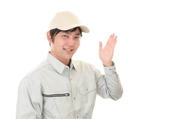 Smiling Asian Janitor Isolated White Background — Stock Photo, Image