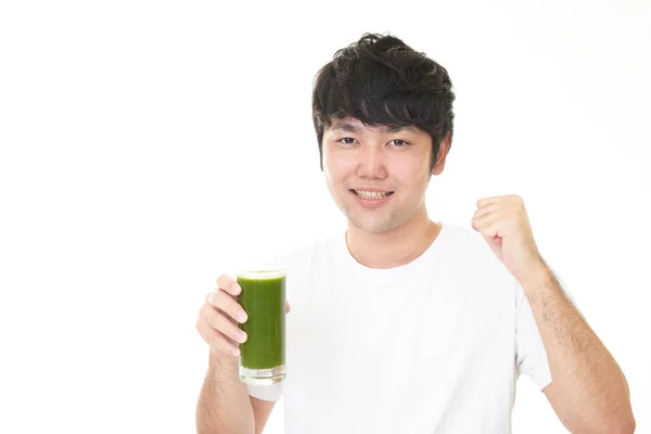 Asian Man Drinking Glass Vegetable Juice — Stock Photo, Image