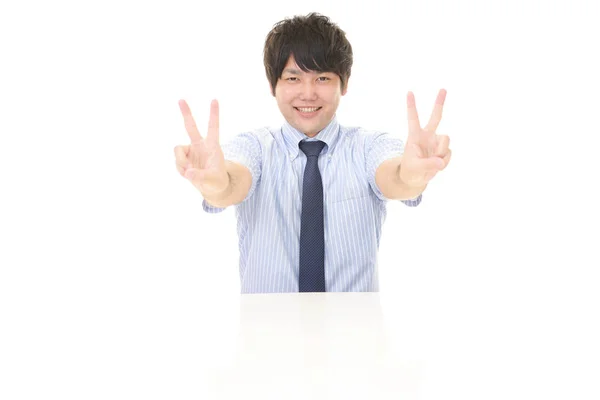 Sorrindo Asiático Homem Sinal — Fotografia de Stock