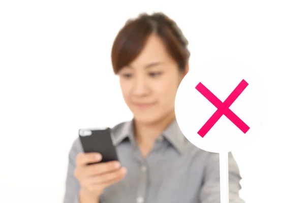 Woman Holding Smart Phone Use Mobile Phone Sign — Stock Photo, Image