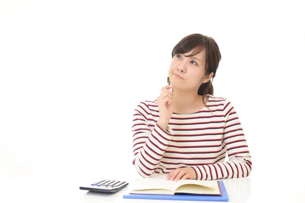 Woman Sitting Desk Writing Housekeeping Book Checking Her Household Costs — Stock Photo, Image