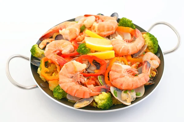 Deliciosa Paella Con Mariscos Una Sartén — Foto de Stock