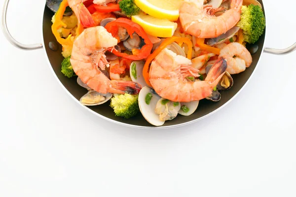 Deliciosa Paella Con Mariscos Una Sartén — Foto de Stock