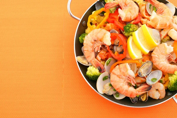 Delicious Paella Seafood Frying Pan — Stock Photo, Image