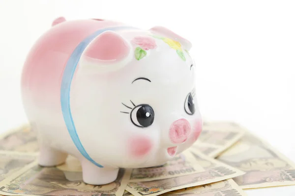Piggy Banco Com Dinheiro Isolado Fundo Branco — Fotografia de Stock