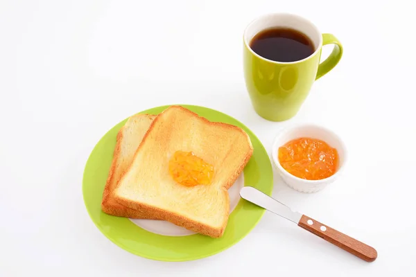 Frukost Med Kaffe Och Bröd Vit Bakgrund — Stockfoto