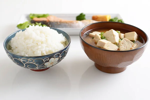 Delicioso Café Manhã Com Sopa Miso Arroz Acompanhamento — Fotografia de Stock