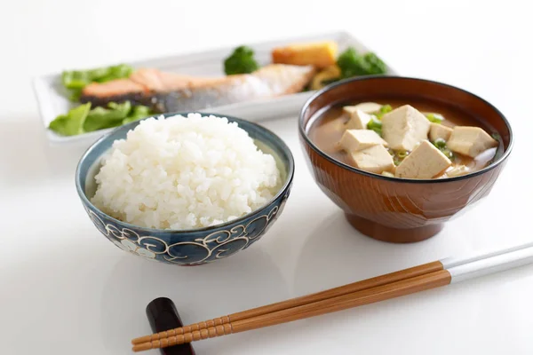 Delicioso Café Manhã Com Sopa Miso Arroz Acompanhamento — Fotografia de Stock