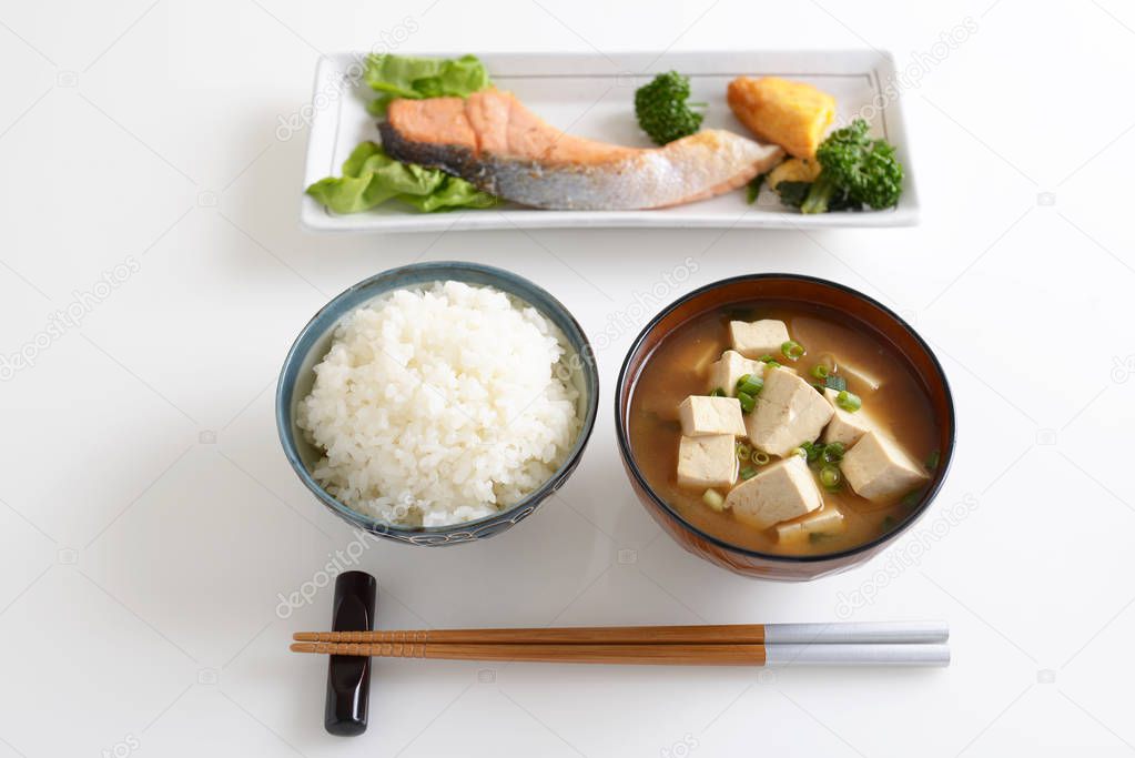 Delicious breakfast with miso soup, rice and side dish