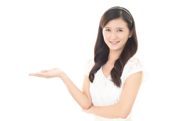 Woman Showing Something Palm Her Hand — Stock Photo, Image