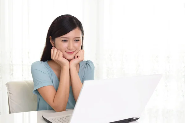 Woman Who Enjoy Laptop Computer Stock Photo