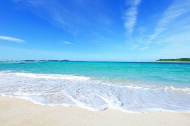 Okinawa 'da güzel bir plajın resmi.