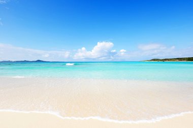 Okinawa 'da güzel bir plajın resmi.