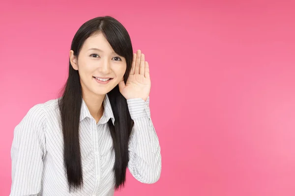 Woman Place Her Hand Her Ear — Stock Photo, Image