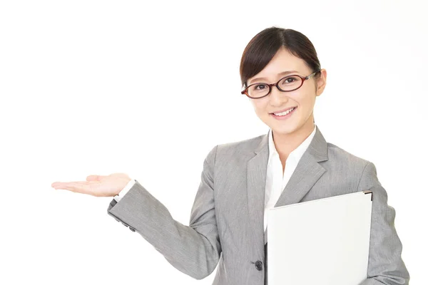 Business Woman Showing Something Palm Her Hand — Stock Photo, Image