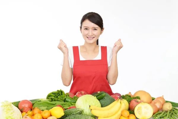Image Femme Asiatique Avec Des Fruits Légumes — Photo
