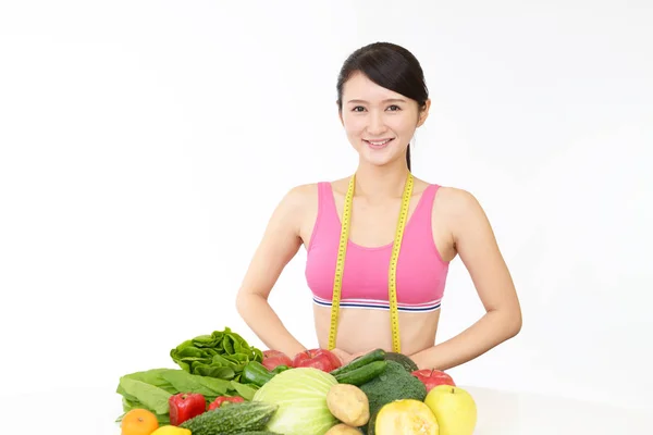 Jeune Femme Saine Avec Des Fruits Légumes — Photo