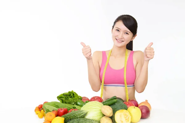 Junge Gesunde Frau Mit Obst Und Gemüse — Stockfoto