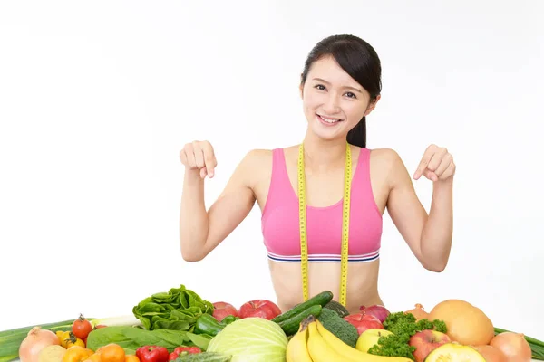 Junge Gesunde Frau Mit Obst Und Gemüse — Stockfoto