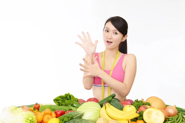 Jovem Mulher Saudável Com Frutas Legumes — Fotografia de Stock