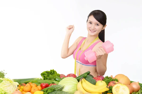 Jonge Gezonde Vrouw Met Groenten Fruit — Stockfoto