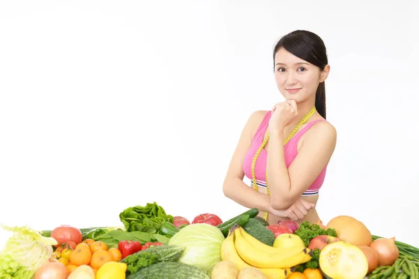 Jovem Mulher Saudável Com Frutas Legumes — Fotografia de Stock