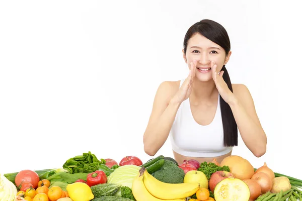 Junge Gesunde Frau Mit Obst Und Gemüse — Stockfoto
