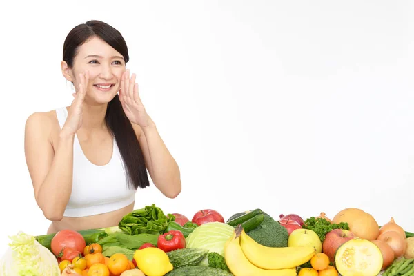 Jovem Mulher Saudável Com Frutas Legumes — Fotografia de Stock