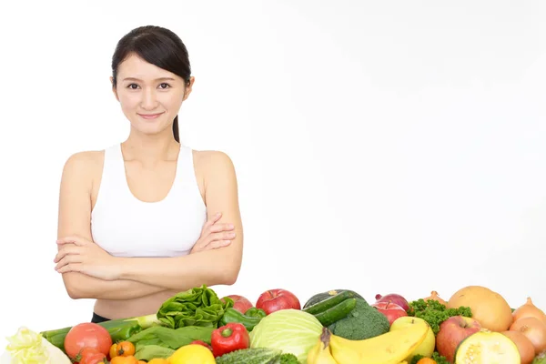 Jeune Femme Saine Avec Des Fruits Légumes — Photo