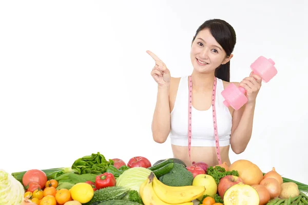 Jovem Mulher Saudável Com Frutas Legumes — Fotografia de Stock