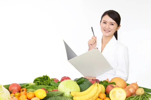 Image Une Diététiste Agréée Avec Fruits Légumes — Photo