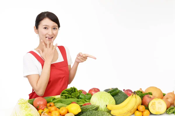 Image Femme Asiatique Avec Des Fruits Légumes — Photo
