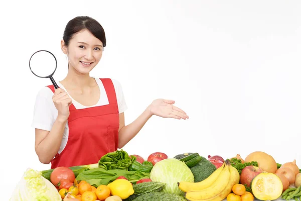 Sourire Femme Asiatique Avec Des Fruits Légumes — Photo