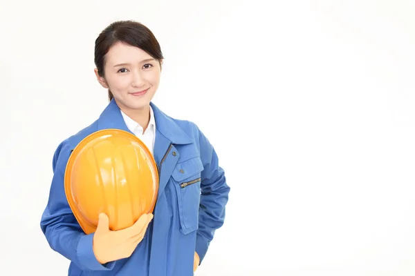 Lächelnde Arbeiterin Isoliert Auf Weißem Hintergrund — Stockfoto