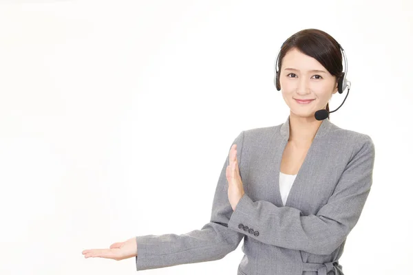 Call Center Operator Showing Something Palm Her Hands — Stock Photo, Image