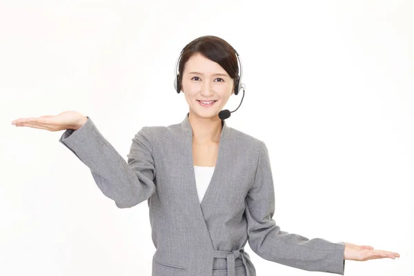Call Center Operator Showing Something Palm Her Hands — Stock Photo, Image