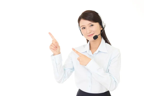 Operatore Call Center Puntando Con Dita — Foto Stock