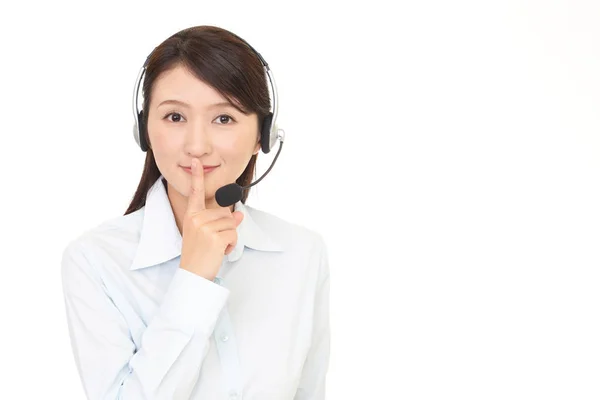 Call Center Operator Placing Finger Lips — Stock Photo, Image
