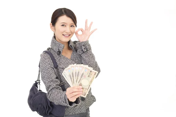 Lächelnde Junge Frau Mit Geld — Stockfoto
