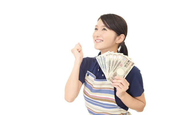 Huisvrouw Met Geld Geïsoleerd Witte Achtergrond — Stockfoto